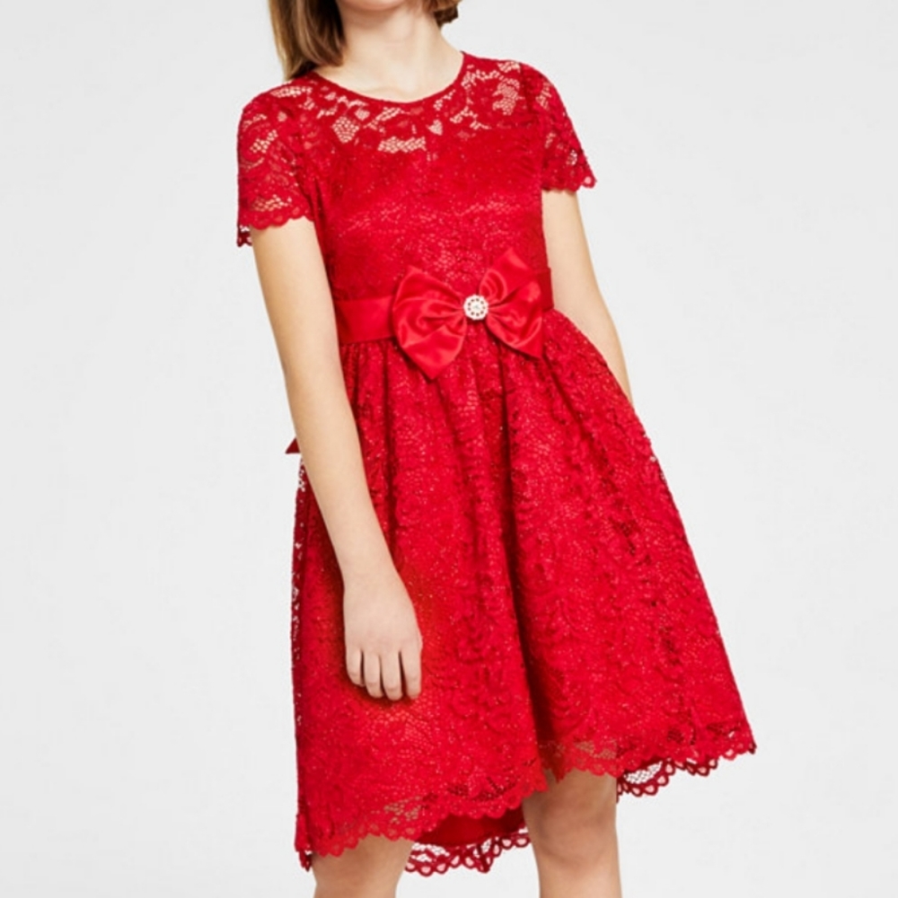 Rare Editions Big Girls Glitter Lace High Low Dress with Scallop Hem Dress